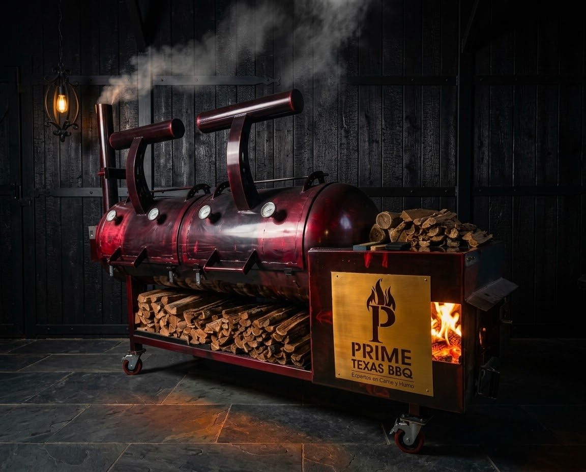 El ahumador offset rojo de Prime Texas BBQ con fuego vivo en la caja de fuego, la leña lista y el humo saliendo