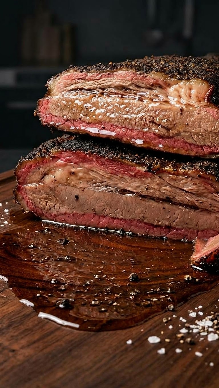 Brisket cortado por la mitad: corteza oscura, anillo de humo rosado y carne jugosa